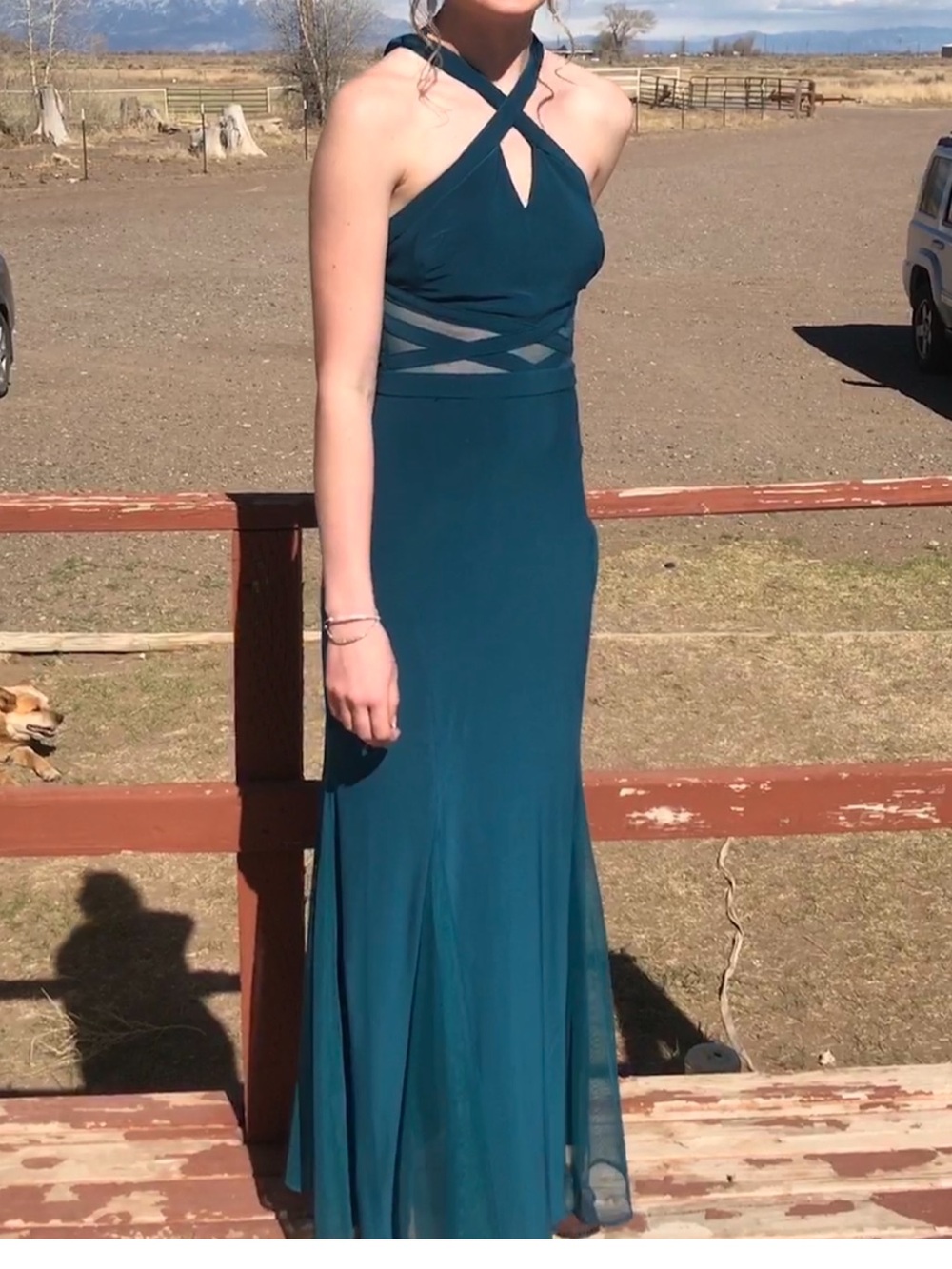 Morgan & Co. Teal Crisscross Halter Gown